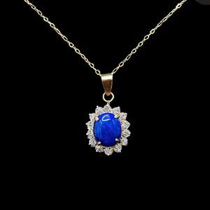 Vintage Blue Lapis Lazuli and Swarovski Crystal Pendant Necklace 18K Gold Elec